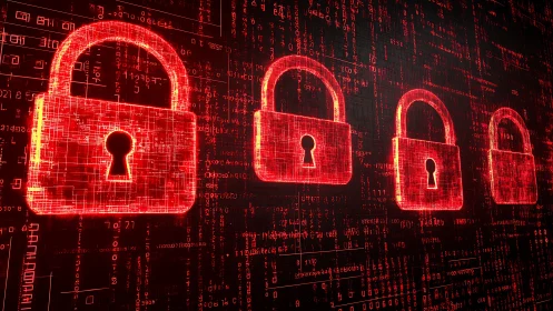 Red digital padlocks over data stream symbolize cybersecurity.