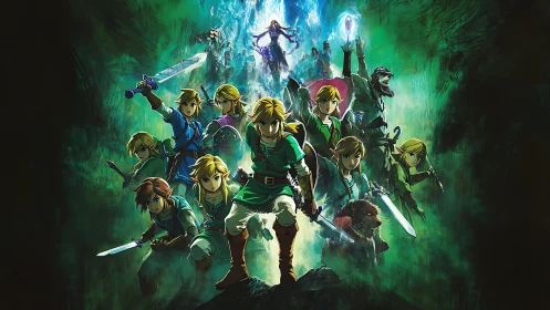 Multiverse convergence of sword-wielding heroes in emerald vortex.