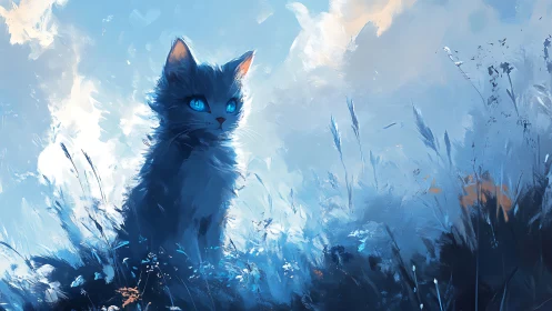 Cerulean Feline Portrait with Luminescent Iris Rendering in Ethereal Landscape