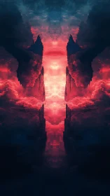 Crimson storm portal opens between towering mirrored clouds