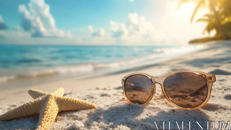 Sunlit shoreline daydream with starfish and sandy shades.