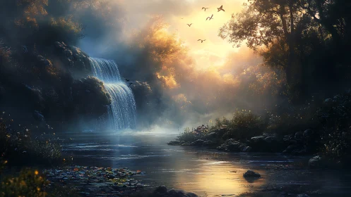 Golden forest waterfall at dawn welcoming quiet wonder.