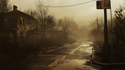 Rain-soaked desolate road curves through abandoned suburb