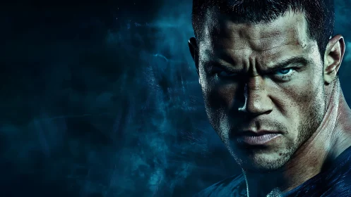 Storm-lit warrior gaze framed by swirling blue shadows.