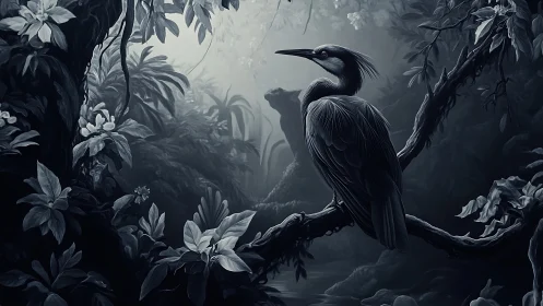 Heron rests on branch within misty monochrome jungle