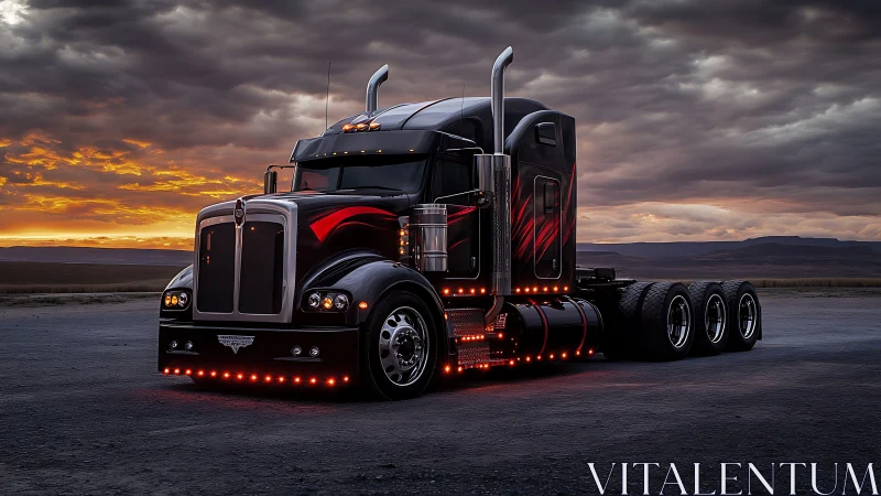 Custom black semi truck glows against a dramatic sunset sky