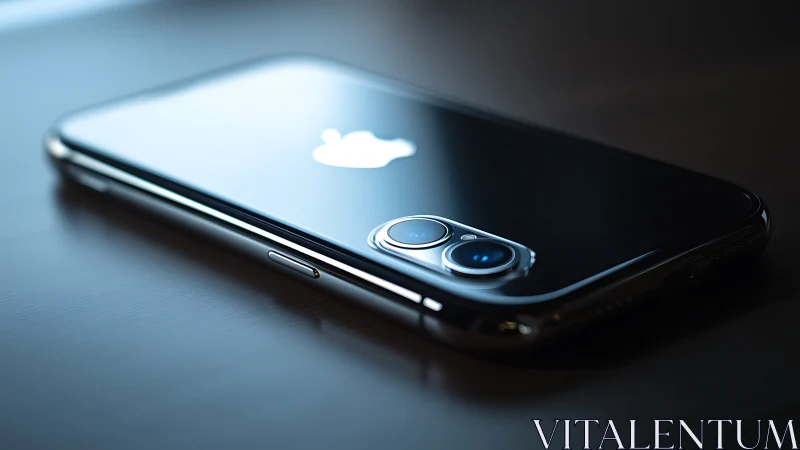 Dark iPhone showcasing gleaming dual cameras and glowing Apple logo.