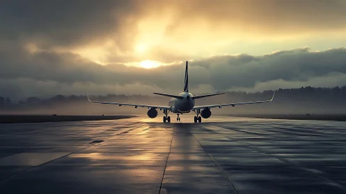 Passenger jet waits on misty runway under glowing sunrise