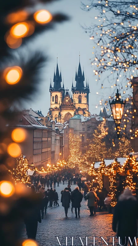 Winter city street leads toward illuminated Gothic cathedral towers