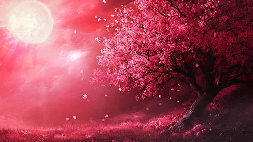 Blossoming cherry tree glows beneath an ethereal crimson moon
