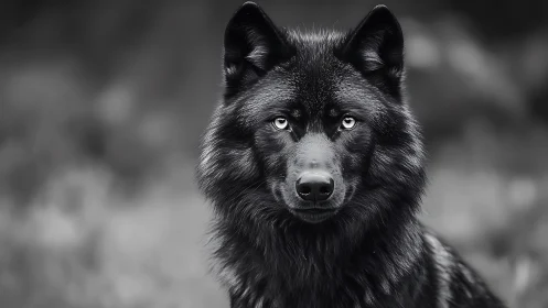Monochrome portrait of black wolf with shallow depth of field.