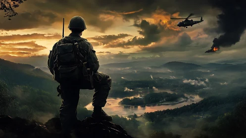 Combat lookout soldier observing valley air assault at dusk