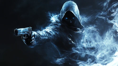 Hooded spectral gunman emerging from swirling blue smoke.