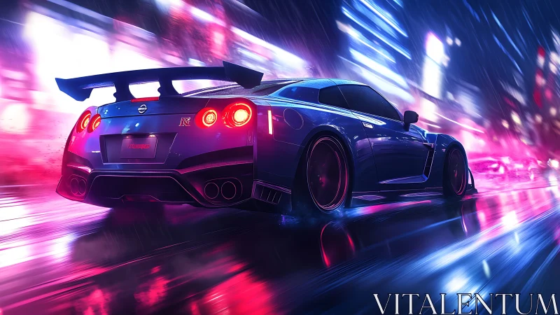 Neon blue sports car racing through futuristic city streets.