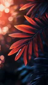 Sunlit red palm leaves glow against deep shadowed background.