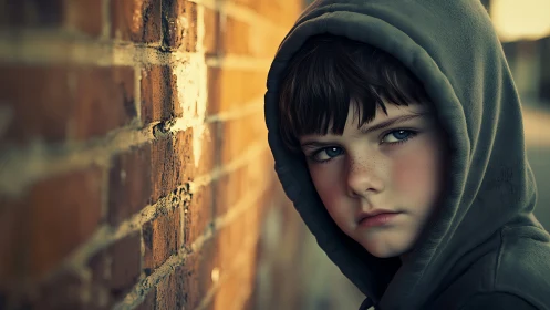 Hooded child leans against brick wall in golden dusk light.