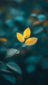 Golden leaves on teal bokeh background, shallow macro focus.