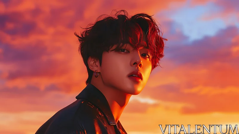 Sunset-lit portrait of a dreamer in molten orange skies.