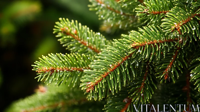 Close-up view of wet evergreen conifer needles in sunlight.