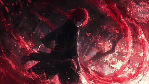 Red-haired swordsman channels swirling crimson energy arc