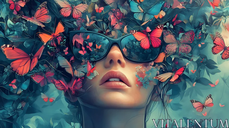 Butterfly thoughts spill from mirrored shades into wild bloom