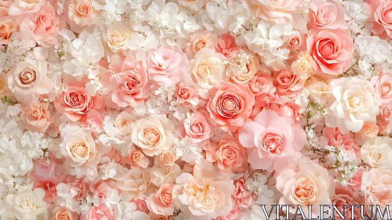 Layered floral arrangement of pink roses, peonies, and white hydrangeas.