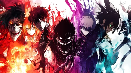 Intense split-color anime lineup with dark creature forms.