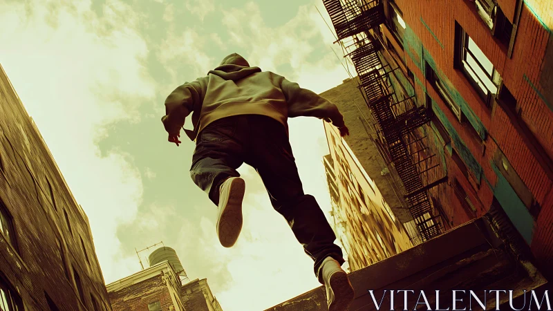 Low-angle urban parkour leap between brick rooftop edges