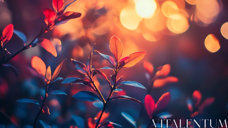 Backlit shrub foliage with shallow depth and warm bokeh highlights