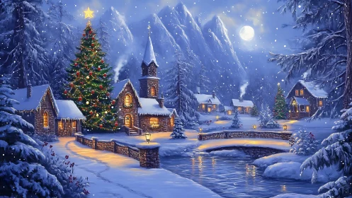 Snowy Christmas village with lit tree and stone bridge.