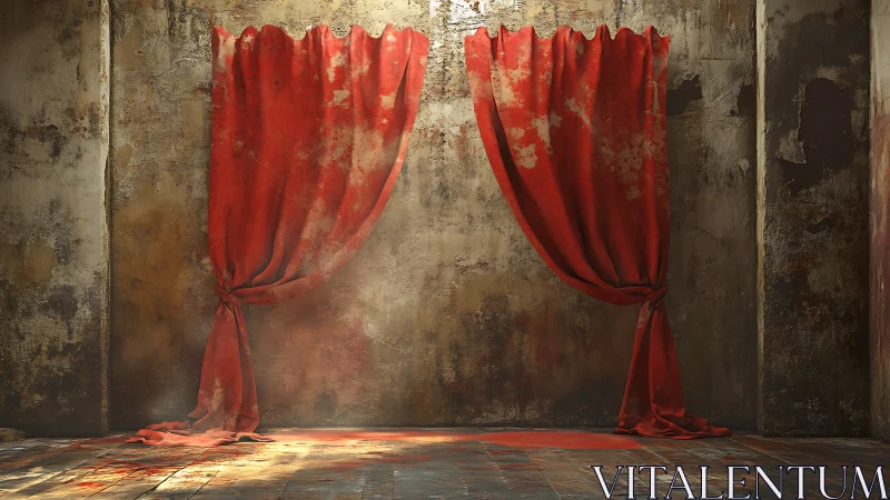 Tattered red curtains haunt a forgotten stage of shadows.