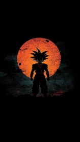 Silhouetted spiky-haired figure before textured red circle.