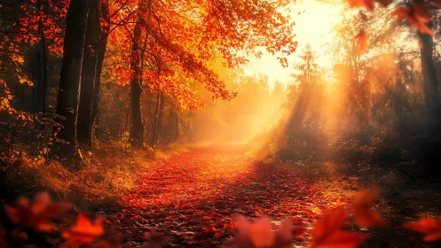 Sunlit autumn forest path glows through drifting orange leaves