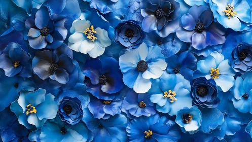 Blue and white flowers with gold centers arranged densely
