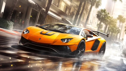 Tangerine thunderhypercar slicing rainlit city boulevard.