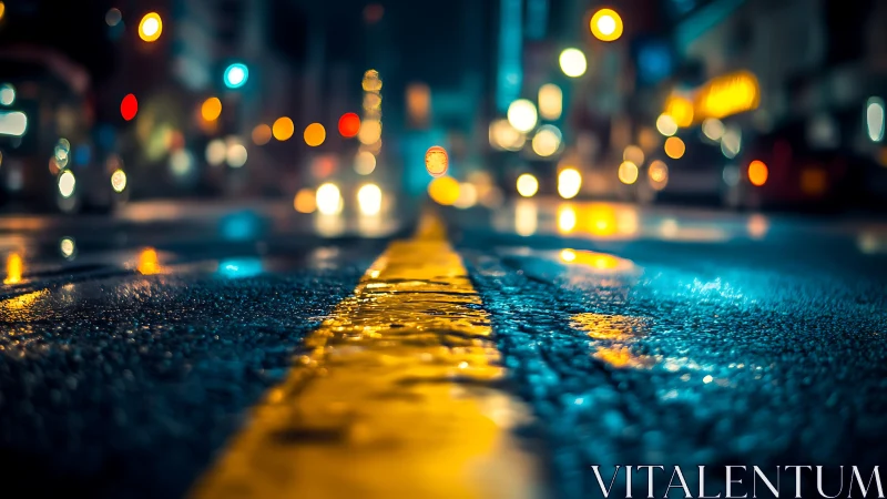 Wet city street at night with yellow center line in focus.