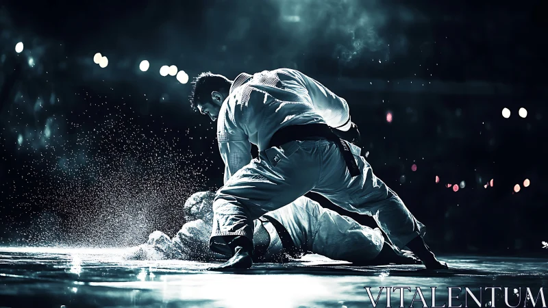 Dynamic low-angle jiu-jitsu takedown under dramatic lighting