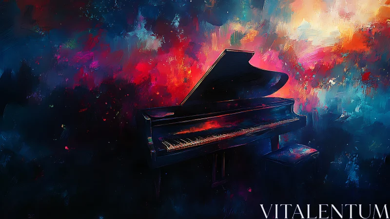 Grand piano in luminous abstract nebula of saturated color.