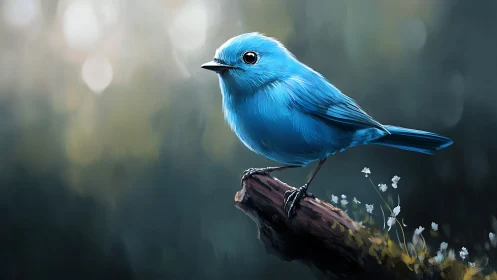 Vivid Blue Songbird on Branch in Softly Lit Digital Painting.