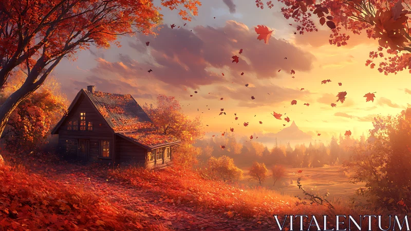 Autumn forest cottage at sunset with drifting scarlet leaves