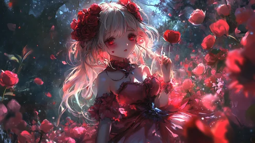 Crimson rose maiden lingering in a twilight bloomstorm.