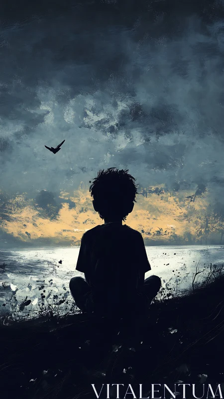 Silhouetted child contemplates a stormy sea at dusk.