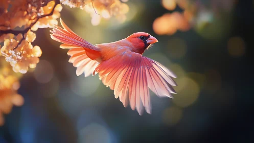 Vibrant cardinal in flight among glowing blossoms, soft bokeh style.