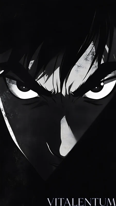 High-contrast anime portrait isolates intense gaze with hard shadows
