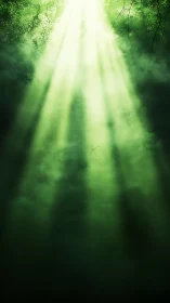 Green light beams penetrate dense atmospheric forest haze