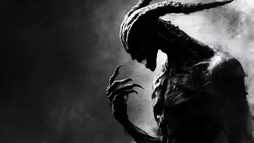 Horned shadow demon in high contrast monochrome profile.