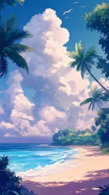 Tropical Beach Paradise with Towering Cumulus Sky.