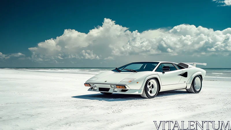 Retro white supercar stands poised on a sunlit salt flat
