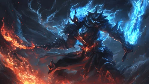 Armored elemental warrior wields dual fire and ice blades