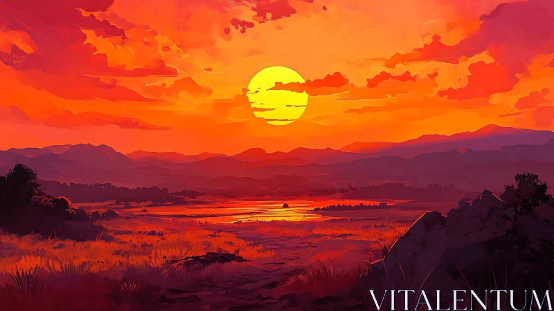 Blazing valley sunset bathing quiet hills in molten gold.